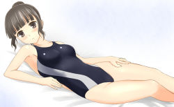 Rule 34 | 10s, 1girl, bad id, bad pixiv id, black eyes, black hair, breasts, brown eyes, brown hair, competition swimsuit, hair bun, hanasaku iroha, highres, looking at viewer, lying, on back, on side, one-piece swimsuit, oshimizu nako, parted lips, short hair, single hair bun, small breasts, solo, swimsuit, takafumi