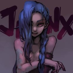 Rule 34 | 1girl, blue hair, braid, gradient background, hair over one eye, jinx (league of legends), league of legends, lowres, pink eyes, solo, tattoo, twin braids