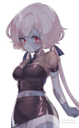 Rule 34 | 1girl, artist name, black shirt, black skirt, blue skin, blush, breasts, chamame, clenched hand, closed mouth, collared shirt, colored skin, grey skin, highres, konno junko, long hair, looking at viewer, low twintails, midriff, miniskirt, multicolored skin, navel, necktie, patchwork skin, red eyes, see-through, shirt, simple background, skirt, smile, solo, standing, stitched arm, stitched face, stitched leg, stitched torso, stitches, twintails, white background, white hair, zombie, zombie land saga