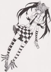 Rule 34 | 1girl, arm warmers, bad id, bad pixiv id, boots, breasts, cellphone, checkered clothes, checkered skirt, female focus, full body, greyscale, hat, himekaidou hatate, iro marimo, long hair, monochrome, necktie, nib pen (medium), phone, short sleeves, simple background, skirt, solo, striped clothes, striped thighhighs, thighhighs, tokin hat, touhou, traditional media, twintails, zettai ryouiki