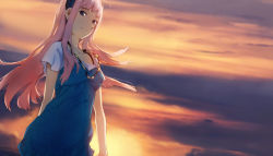 Rule 34 | 1girl, alternate costume, blue eyes, dress, female focus, hairband, jewelry, long hair, megurine luka, mitosa, necklace, outdoors, pink hair, shirt, short sleeves, sky, smile, solo, standing, sunset, t-shirt, vocaloid