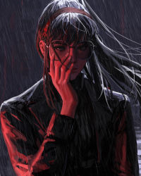 Rule 34 | 1girl, black hair, black jacket, brown eyes, closed mouth, crosswalk, guweiz, hairband, hand on own face, hand up, highres, jacket, long hair, long sleeves, looking at viewer, original, outdoors, ponytail, rain, red hairband, red lips, solo, sunglasses, upper body
