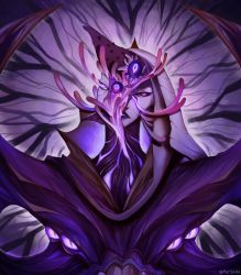 Rule 34 | 1girl, artist name, bel&#039;veth, colored sclera, creature, extra eyes, glowing, glowing eyes, highres, league of legends, looking at viewer, persimm, pink eyes, purple sclera, purple theme, solo, tagme, tentacles, upper body