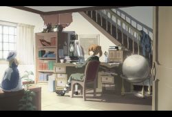 Rule 34 | 1girl, bad id, bad pixiv id, blurry, book, bookshelf, brown hair, chair, desk, doll, globe, indoors, letterboxed, map, map (object), original, ponytail, room, shalion, short hair, sitting, solo, stairs