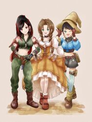 Rule 34 | 3girls, adjusting clothes, adjusting headwear, aerith gainsborough (garnet&#039;s gown), arm belt, bare shoulders, belt, black choker, black gloves, black hair, black shorts, blue jacket, boots, braid, braided ponytail, breasts, brown belt, brown footwear, brown gloves, brown hair, brown headwear, choker, closed mouth, cosplay, crop top, cropped jacket, crystal, curtsey, dreadlocks, dress, earrings, elbow sleeve, final fantasy, final fantasy ix, final fantasy vii, final fantasy vii ever crisis, final fantasy vii remake, full body, garnet til alexandros xvii, garnet til alexandros xvii (cosplay), gloves, green eyes, green pants, green shirt, hat, high-low skirt, highres, hoop earrings, jacket, jewelry, juliet sleeves, lace-up, leg warmers, long hair, long sleeves, looking at viewer, lucia lin (vivi&#039;s garb), medium breasts, multicolored hair, multiple girls, necklace, official alternate costume, one eye closed, open mouth, orange dress, pants, parted bangs, pendant, ponytail, puffy long sleeves, puffy sleeves, red eyes, red footwear, red hair, salamander coral, salamander coral (cosplay), shirt, short hair, shorts, shoulder tattoo, sidelocks, single braid, sleeveless, sleeveless shirt, sleeveless turtleneck, smile, socks, streaked hair, striped clothes, striped thighhighs, swept bangs, tattoo, thighhighs, tifa lockhart (amarant&#039;s guise), tomoberry, tooth necklace, torn clothes, turtleneck, twitter username, two-tone dress, underbust, vivi ornitier, vivi ornitier (cosplay), wavy hair, white dress, white socks, wizard hat
