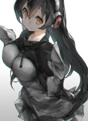 Rule 34 | 10s, 1girl, bad id, bad pixiv id, black hair, breasts, brown eyes, closed mouth, cusui, gentoo penguin (kemono friends), gradient background, grey background, grey skirt, hair between eyes, hands up, headphones, hood, hoodie, kemono friends, large breasts, long hair, looking at viewer, pleated skirt, skirt, smile, solo, upper body