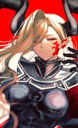 Rule 34 | 1girl, armor, black armor, black horns, blonde hair, cape, dragon horns, facial mark, fate/grand order, fate (series), hair over one eye, horns, long hair, nero claudius (fate), nero claudius (fate) (all), pointy ears, queen draco (fate), queen draco (third ascension) (fate), red background, red cape, red eyes, simple background, smile, solo, sunanogimo, upper body, wavy hair