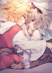 Rule 34 | 2girls, animal ears, blonde hair, blue cape, brown skirt, cape, closed mouth, dress, duplicate, eyes visible through hair, grey dress, grey hair, hair between eyes, holding hands, long sleeves, looking at another, lying, mouse ears, multiple girls, nazrin, no headwear, open mouth, pixel-perfect duplicate, red eyes, red vest, short hair, skirt, smile, tomobe kinuko, toramaru shou, touhou, vest, white sleeves, yellow eyes, yuri