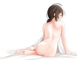 Rule 34 | 10s, 1girl, ass, back, barefoot, braid, brown hair, closed eyes, full body, hair over shoulder, kantai collection, nude, on bed, revision, shigure (kancolle), shiro (kiron), single braid, sitting, solo, white background