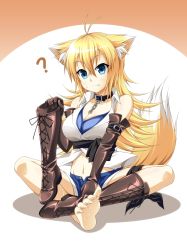 Rule 34 | 1girl, animal ears, barefoot, blonde hair, blue eyes, boots, collar, cross-laced footwear, elbow gloves, feet, fox ears, fox tail, gloves, highres, holding, holding shoes, knee boots, kyuutou (kyuutouryuu), lace-up boots, long hair, no socks, original, shoes, single shoe, soles, tail, thighhighs, toes