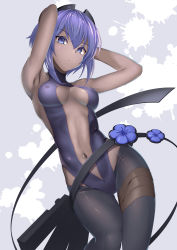 Rule 34 | 1girl, absurdres, armpits, arms behind head, arms up, bare shoulders, black hairband, black leotard, breasts, center opening, covered erect nipples, dark-skinned female, dark skin, fate/prototype, fate/prototype: fragments of blue and silver, fate (series), hairband, hassan of serenity (fate), highres, leggings, leotard, looking at viewer, medium breasts, navel, purple eyes, purple hair, short hair, sidelocks, solo, yamachi (xadp7533)