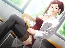Rule 34 | 1girl, breasts, brown hair, cleavage, dutch angle, game cg, garter belt, glasses, huge breasts, jewelry, kinoshita maki, lab coat, large breasts, legs, crossed legs, miniskirt, necklace, red eyes, sitting, skirt, solo, teacher, thighhighs, uminomichi