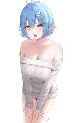 Rule 34 | ahoge, bare shoulders, blue hair, blush, breasts, cleavage, collarbone, elf, grey background, hair between eyes, hair ornament, hairclip, heart, heart ahoge, highres, hololive, large breasts, medium hair, off-shoulder sweater, off shoulder, open mouth, pink nails, pointy ears, signature, simple background, sweater, virtual youtuber, wanne, yellow eyes, yukihana lamy