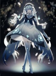 Rule 34 | blue eyes, boots, dark background, dress, gloves, glowing, hatsune miku, highres, liita (dusk snow), long hair, long sleeves, multicolored hair, skirt, smile, snow, snowflakes, solo, thigh boots, thighhighs, twintails, very long hair, vocaloid, yuki miku