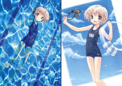 Rule 34 | 1girl, :d, afloat, blonde hair, caustics, cloud, covered navel, day, focke wulf, goggles, green eyes, innertube, looking at viewer, lying, multiple views, name tag, navel, on back, one-piece swimsuit, open mouth, partially submerged, pool, school swimsuit, short hair, smile, source request, swim ring, swimming, swimsuit, thigh gap, thighs, unworn goggles, wallpaper, water