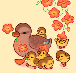 Rule 34 | animal, animal focus, artist name, bird, black eyes, commentary, duck, duckling, english commentary, flower, full body, mallard, mother and child, mouth hold, no humans, one eye closed, orange flower, original, pikaole, simple background, solid circle eyes, trumpet creeper, walking, watermark, yellow background