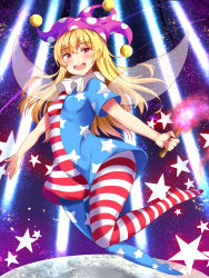 Rule 34 | 1girl, :d, american flag dress, american flag legwear, blonde hair, blue dress, blue pantyhose, clownpiece, commentary, danmaku, dress, fairy wings, full body, hair between eyes, hat, highres, holding, holding torch, jester cap, laser, long hair, looking at viewer, moon, nagomian, neck ruff, no shoes, open mouth, pantyhose, polka dot, polka dot headwear, purple hat, red dress, red eyes, red pantyhose, short dress, short sleeves, smile, solo, space, star (symbol), star print, striped clothes, striped dress, striped pantyhose, thighs, torch, touhou, white dress, white pantyhose, wings