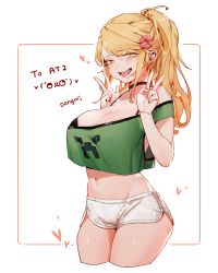 Rule 34 | 1girl, :p, blonde hair, blush, boyshorts, breasts, choker, cleavage, cowboy shot, creeper, crop top, cropped legs, cupa (at2.), fuyumitsu, hair ornament, large breasts, long hair, midriff, minecraft, navel, open mouth, ponytail, short shorts, shorts, sidelocks, simple background, solo, tongue, tongue out, v, w, white background, yellow eyes