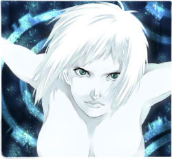 Rule 34 | 1girl, armpits, blue background, blue theme, breasts, closed mouth, completely nude, female focus, ghost in the shell, green eyes, kusanagi motoko, large breasts, looking at viewer, non-web source, nude, outstretched arms, pale skin, short hair, solo, spread arms, topless frame, upper body, white hair, white theme
