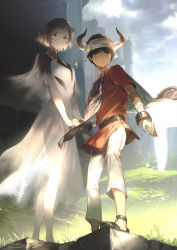 Rule 34 | 1boy, 1girl, bandaged head, bandaged wrist, bandages, belt, bird, brown hair, castle, closed mouth, cloud, cloudy sky, commentary request, dress, fantasy, flock, flying, from below, grass, green eyes, grey eyes, highres, holding hands, horns, ico, ico (character), light, lips, looking down, looking up, mikebosi, pants, parted lips, poncho, red shirt, sandals, see-through, shaded face, shirt, short hair, short sleeves, sky, standing, tunic, tunic lift, white dress, white hair, white pants, wrist cuffs, yorda