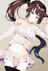 Rule 34 | 1girl, animal ears, arm at side, azur lane, bow, breasts, brown hair, buttons, clothes pull, cowboy shot, cross-eyed, darkmiso, dutch angle, from above, gloves, hair bow, highres, long hair, looking away, lying, midriff, navel, on back, pantyhose, pantyhose pull, pleated skirt, ponytail, skirt, solo, takao (azur lane), thighs, uniform, white gloves, white skirt, yellow eyes