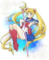 Rule 34 | 1girl, bishoujo senshi sailor moon, blonde hair, blue eyes, blue sailor collar, blue skirt, boots, bow, bowtie, choker, circlet, closed mouth, collarbone, crescent choker, double bun, floating hair, full body, hair bun, hair ornament, holding, holding staff, knee boots, long hair, looking at viewer, mechakucha, miniskirt, pleated skirt, red bow, red bowtie, red choker, red footwear, sailor collar, sailor moon, sailor senshi uniform, sailor shirt, shirt, skirt, smile, solo, staff, very long hair, white background, white shirt