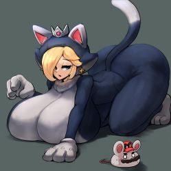 Rule 34 | 1boy, 1girl, absurdres, all fours, animal ears, ass, black background, blonde hair, blue eyes, blush, bodysuit, breast press, breasts, cappy (mario), cat ears, cat rosalina, cat tail, crown, earrings, facial hair, gigantic breasts, gipehtyboo, gloves, hair over one eye, half-closed eyes, highres, huge ass, jewelry, looking at viewer, looking back, mario, mario (series), mouse (animal), mustache, nintendo, open mouth, red eyes, rosalina, star (symbol), star earrings, super mario 3d world, super mario odyssey, sweat, tail, thick thighs, thighs, white gloves, wide hips