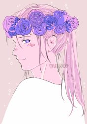 Rule 34 | 1boy, alternate hair length, alternate hairstyle, artist name, bad id, bad twitter id, bright pupils, flower, flower on head, from behind, highres, long hair, looking at viewer, looking back, male focus, meyoco, pink background, ponytail, portrait, profile, purple eyes, purple flower, simple background, smile, solo, viktor nikiforov, yuri!!! on ice