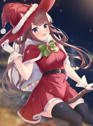 Rule 34 | 1girl, absurdres, animal ears, belt, blurry, blurry background, blush, broom, broom riding, brown hair, commentary request, hair rings, hat, highres, horse ears, horse girl, horse tail, long hair, night, open mouth, primamiya, purple eyes, santa costume, solo, sweep tosho (umamusume), tail, thighhighs, twintails, umamusume, witch hat