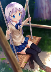 Rule 34 | 1girl, black thighhighs, blue bow, blue bowtie, blue eyes, blue skirt, blurry, blurry background, blush, bow, bowtie, brown cardigan, brown footwear, cardigan, chestnut mouth, chinomaron, collared shirt, commentary request, depth of field, dress shirt, gochuumon wa usagi desu ka?, hair ornament, highres, holding, kafuu chino, leaf, loafers, long hair, long sleeves, looking at viewer, outdoors, parted lips, plaid, plaid skirt, pleated skirt, purple hair, shirt, shoes, signature, sitting, skirt, solo, swing, thighhighs, very long hair, white shirt, x hair ornament