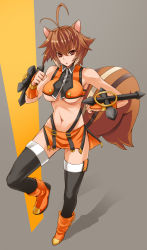 Rule 34 | 1girl, abs, animal ears, antenna hair, arc system works, bare shoulders, blazblue, blazblue: continuum shift, boots, breasts, highres, large breasts, makoto nanaya, midriff, miniskirt, navel, no bra, orange skirt, prime, revealing clothes, revision, skirt, solo, squirrel ears, squirrel tail, tail, thigh boots, thighhighs, tonfa, underboob, weapon, wrist guards