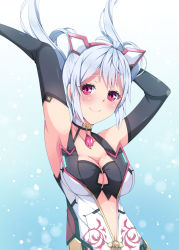 Rule 34 | 1girl, ahoge, armpits, arms up, black bra, blush, bra, breasts, choker, cleavage, cleavage cutout, clothing cutout, detached sleeves, floating hair, gem, gradient background, hairband, long hair, looking at viewer, matoi (pso2), medium breasts, milkpanda, navel, partially unzipped, phantasy star, phantasy star online 2, red eyes, red hairband, silver hair, smile, solo, twintails, underwear, upper body