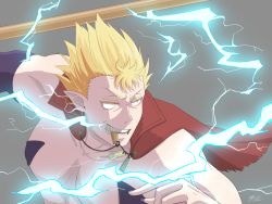 Rule 34 | 1boy, blonde hair, cape, commentary, electricity, grey background, highres, inumaruku cafe, mairimashita! iruma-kun, male focus, mouth hold, muscular, muscular male, pointy ears, red cape, sabnock sabro, simple background, solo, spiked hair, upper body, yellow eyes