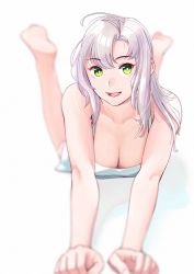 Rule 34 | 1girl, antenna hair, barefoot, breasts, cleavage, collarbone, foreshortening, green eyes, grey hair, highres, kantai collection, kinugasa (kancolle), lying, medium breasts, ojipon, on stomach, open mouth, short hair, smile, solo, tank top, the pose, white tank top