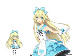 Rule 34 | 1girl, aki no jikan, alice (alice in wonderland), alice in wonderland, arms at sides, blue bow, blue eyes, blue skirt, bow, chestnut mouth, gloves, hair between eyes, hair bow, heart, long hair, looking at viewer, maru-kichi, multiple views, official art, open mouth, pantyhose, school uniform, serafuku, skirt, smile, standing, striped clothes, striped pantyhose, very long hair, watermark, white gloves