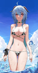 Rule 34 | 1girl, absurdres, ahoge, animal print, arms at sides, bare arms, bare shoulders, bikini, blue hair, blush, breasts, cleavage, closed mouth, cow print, ganyu (genshin impact), genshin impact, goat horns, gold choker, hair between eyes, highres, horns, hwan (verypoor), large breasts, long hair, looking at viewer, navel, outdoors, partially submerged, purple eyes, sideboob, smile, solo, swimsuit, thighs, underboob, wet