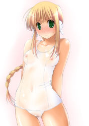 Rule 34 | 00s, 1girl, bad id, bad pixiv id, blonde hair, blush, braid, braided ponytail, breasts, cameltoe, clothes, covered navel, green eyes, long hair, navel, nipples, one-piece swimsuit, robot ears, school swimsuit, see-through, silfa (to heart), single braid, small breasts, solo, swimsuit, theta (ponkotsu works), to heart (series), to heart 2, very long hair, wet, white one-piece swimsuit, white school swimsuit