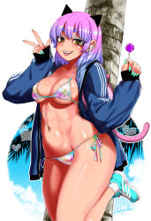 Rule 34 | 1girl, air pods, airpods, backpack, bag, bikini, blue nails, breasts, cleavage, covered erect nipples, ear piercing, earrings, highres, hikimayu, jacket, jewelry, large breasts, looking at viewer, medium breasts, medium hair, nail polish, navel, navel piercing, nekoguchi, open clothes, open jacket, original, palm tree, piercing, purple hair, sleeves past wrists, smile, socks, solo, swimsuit, teeth, tongue, tongue out, tree, w, white socks, wireless earphones, yellow eyes