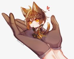 Rule 34 | 1boy, animal ears, black gloves, black hair, blush, brown hair, cat boy, cat ears, cat tail, chibi, closed mouth, earrings, formal, genshin impact, gloves, hair between eyes, heart, highres, in palm, jacket, jewelry, long hair, long sleeves, looking at viewer, male focus, mini person, miniboy, multicolored hair, otoruu 10, ponytail, simple background, single earring, sitting, sitting on hand, suit, tail, tartaglia (genshin impact), tassel, tassel earrings, white background, yellow eyes, zhongli (genshin impact)
