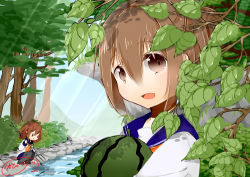 Rule 34 | 10s, 2girls, bad id, bad pixiv id, brown eyes, brown hair, folded ponytail, food, forest, fruit, ikazuchi (kancolle), inazuma (kancolle), kantai collection, katori (quietude), leaf, lowres, multiple girls, nature, open mouth, plant, rake, river, short hair, smile, sunlight, tree, water, watermelon, | |