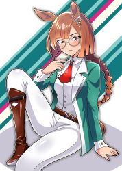 Rule 34 | 1girl, absurdres, animal ears, boots, brown hair, closed mouth, collared shirt, commentary request, foot out of frame, glass, glasses, green jacket, grey eyes, grey pants, high heel boots, high heels, highres, hitokiwa kenchin, horse ears, horse girl, ikuno dictus (umamusume), jacket, knee up, long hair, long sleeves, looking at viewer, multicolored background, necktie, open clothes, open jacket, pants, red necktie, round eyewear, shadow, shirt, sitting, solo, thigh boots, umamusume, vest