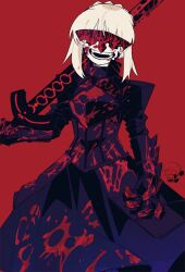 Rule 34 | 1girl, armor, armored dress, artoria pendragon (all), artoria pendragon (fate), black armor, black dress, blood, blood on clothes, blood on face, burger, chibi, crazy smile, dress, excalibur morgan (fate), facing viewer, fangs, fate/stay night, fate (series), food, gauntlets, grey hair, highres, holding, holding sword, holding weapon, mask, multiple views, open mouth, over shoulder, red background, red theme, saber alter, simple background, smile, solo, sword, sword over shoulder, uotsu (sabakou), visor (armor), weapon, weapon over shoulder