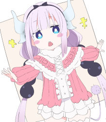 Rule 34 | 1girl, black hairband, blue eyes, dragon girl, dragon horns, hairband, horns, ixy, kanna kamui, kobayashi-san chi no maidragon, long hair, long sleeves, looking at viewer, low twintails, open mouth, pink hair, skirt, solo, tail, thighhighs, twintails, white skirt, white thighhighs