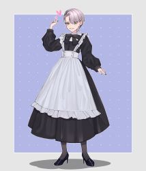 1boy absurdres apron black_bow black_dress black_footwear black_nails blue_background bow crossdressing dress green_eyes haerong hair_behind_ear heart high_heels highres kei_haruto looking_at_viewer lumilive maid maid_apron male_focus male_maid nail_polish parted_lips smile solo virtual_youtuber