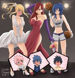 Rule 34 | 3boys, 3girls, absurdres, artist name, bare shoulders, basketball, black eyes, black hair, blonde hair, blue eyes, blue hair, blush, bow, breasts, claudia dragneel, cleavage, clothes lift, cosplay, dated, dress, dress lift, elbow gloves, erza scarlet, fairy tail, gloves, gray fullbuster, hair bow, hair over one eye, high heels, highres, jellal fernandes, jessica rabbit, jessica rabbit (cosplay), juvia lockser, large breasts, lola bunny, lola bunny (cosplay), long hair, lucy heartfilia, marilyn monroe, marilyn monroe (cosplay), midriff, multiple boys, multiple girls, natsu dragneel, pink hair, red footwear, red hair, shoes, short hair, side slit, sneakers, space jam, spiked hair, standing, sword, tagme, the seven-year itch, thighs, weapon, white bow, white footwear, white gloves, who framed roger rabbit, wind, wind lift