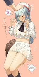 Rule 34 | 1boy, 1girl, absurdres, aged up, aqua eyes, ascot, azur lane, bag, beret, black ascot, black socks, blue hair, blush, breasts, buttons, commentary, double-breasted, flying sweatdrops, green panties, hand on another&#039;s head, hat, heart, highres, janus (azur lane), janus (fear of changing...clothes) (azur lane), large breasts, long sleeves, midriff, navel, one eye closed, panties, panties visible through clothes, panty peek, pleated skirt, red ribbon, ribbon, school bag, see-through, see-through skirt, skirt, socks, solo focus, spoken heart, stomach, sweatdrop, translation request, underwear, veins, white headwear, white skirt, yomare