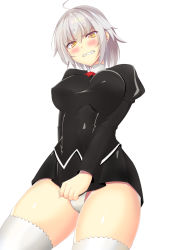 Rule 34 | 1girl, agent aika, ahoge, aika (series), arm behind back, ascot, black delmo, black jacket, black skirt, blush, breasts, cameltoe, clenched teeth, cosplay, covered erect nipples, crossover, delmo, delmogeny uniform, embarrassed, fate/grand order, fate (series), highres, jacket, jeanne d&#039;arc (fate), jeanne d&#039;arc alter (avenger) (fate), jeanne d&#039;arc alter (fate), juliet sleeves, large breasts, long sleeves, looking at viewer, miniskirt, panties, pleated skirt, puffy sleeves, short hair, silver hair, skirt, skirt tug, solo, teeth, thighhighs, thighs, tsurime, u-ta, underwear, v-shaped eyebrows, wavy mouth, white background, white panties, white thighhighs, yellow eyes
