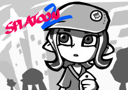 Rule 34 | 1girl, badge, button badge, cellphone, copyright name, crossover, flat color, greyscale, hat, holding, holding phone, inkling, inkling boy, inkling girl, inkling player character, monochrome, nintendo, octoling, octoling player character, octorok, open mouth, phone, setz, short hair, short sleeves, smartphone, splatoon (series), splatoon 2, splatoon 2: octo expansion, tentacle hair, the legend of zelda