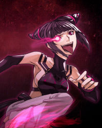 Rule 34 | 1girl, breasts, capcom, chinese clothes, drill hair, dudou, artistic error, female focus, fingerless gloves, gloves, glowing, glowing eye, gradient background, halterneck, han juri, kicking, laio, medium breasts, open mouth, purple eyes, purple hair, sideboob, solo, street fighter, street fighter iv (series), toeless legwear, tongue, twin drills