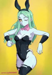 Rule 34 | 1girl, absurdres, animal ears, breasts, cleavage, colored sclera, commentary, cyberpunk (series), cyberpunk edgerunners, dashi (dashiart), english commentary, frown, green eyes, green hair, green sclera, heart, highres, leotard, one eye closed, patreon username, petite, playboy bunny, pointing, pointing at viewer, rabbit ears, rebecca (cyberpunk), red eyes, signature, small breasts, tattoo, thighhighs, thighs, yellow background